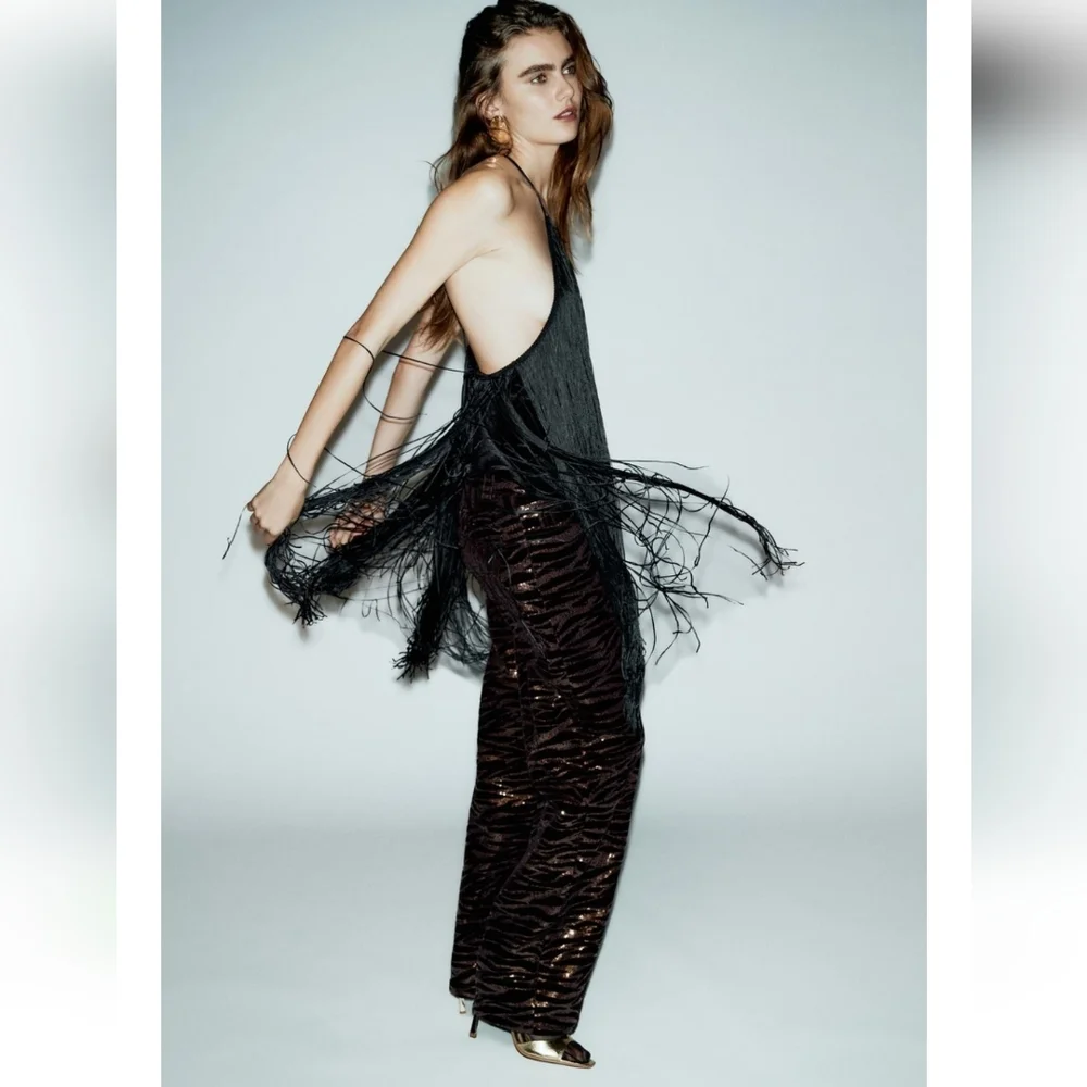 ZARA Fringed Velvet Halter Top Black Size XS S